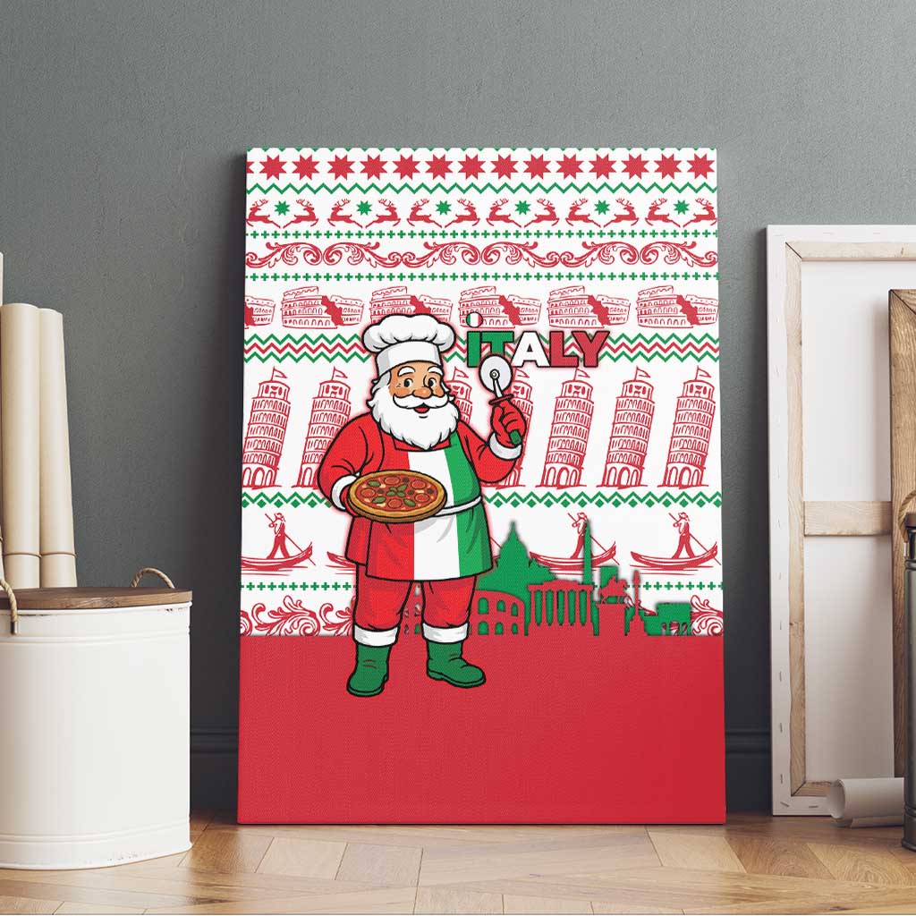 Italy Christmas Canvas Wall Art with Pizza Chef Santa Leaning Tower Colosseum and Red Green Holiday Pattern Design - Wonder Print Shop