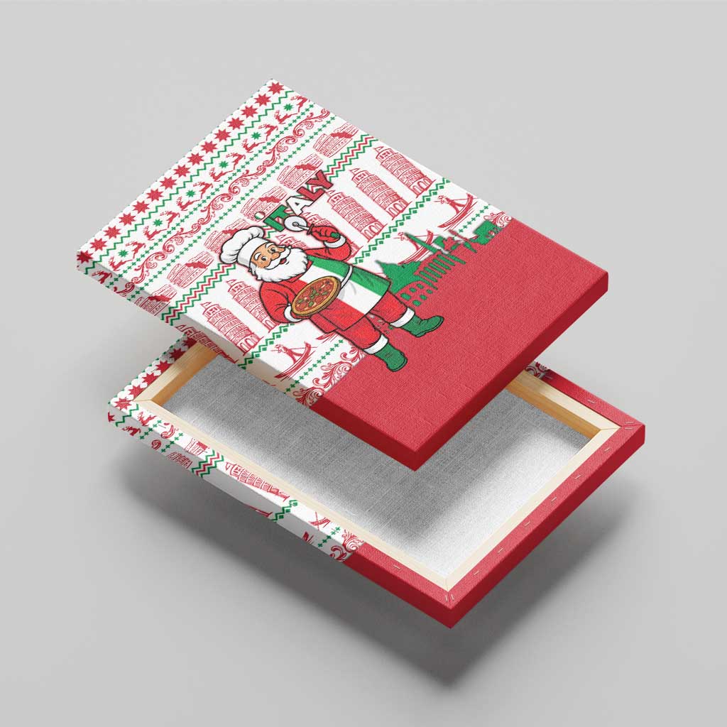 Italy Christmas Canvas Wall Art with Pizza Chef Santa Leaning Tower Colosseum and Red Green Holiday Pattern Design - Wonder Print Shop