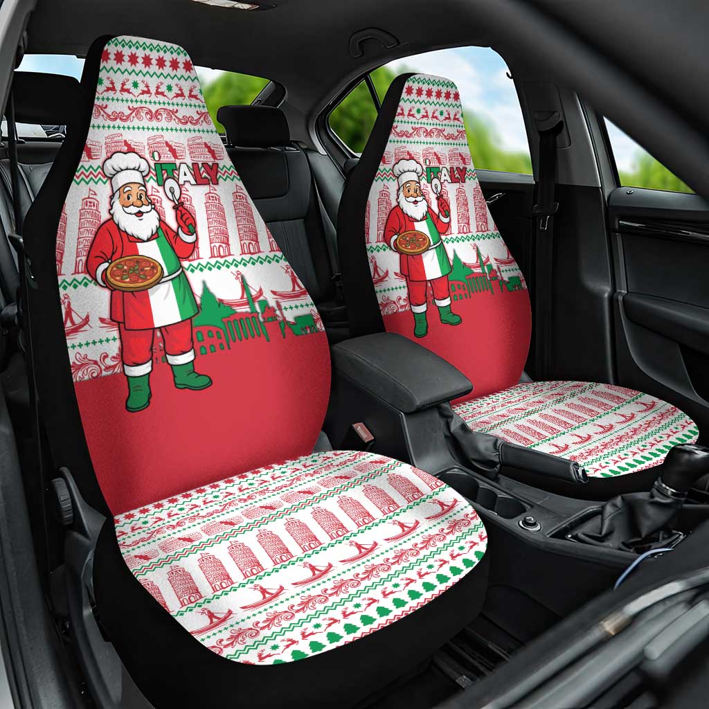 Italy Christmas Car Seat Cover with Pizza Chef Santa Leaning Tower Colosseum and Red Green Holiday Pattern Design - Wonder Print Shop