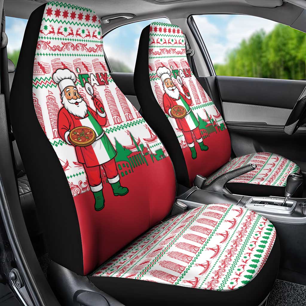 Italy Christmas Car Seat Cover with Pizza Chef Santa Leaning Tower Colosseum and Red Green Holiday Pattern Design - Wonder Print Shop