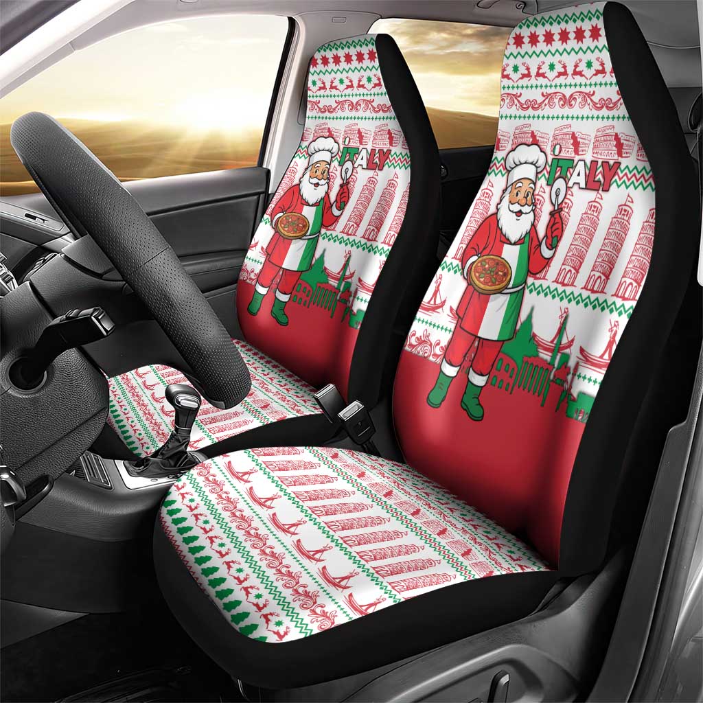 Italy Christmas Car Seat Cover with Pizza Chef Santa Leaning Tower Colosseum and Red Green Holiday Pattern Design - Wonder Print Shop