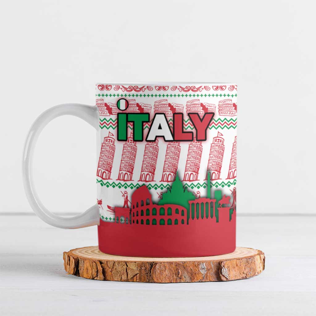 Italy Christmas Ceramic Mug with Pizza Chef Santa Leaning Tower Colosseum and Red Green Holiday Pattern Design - Wonder Print Shop