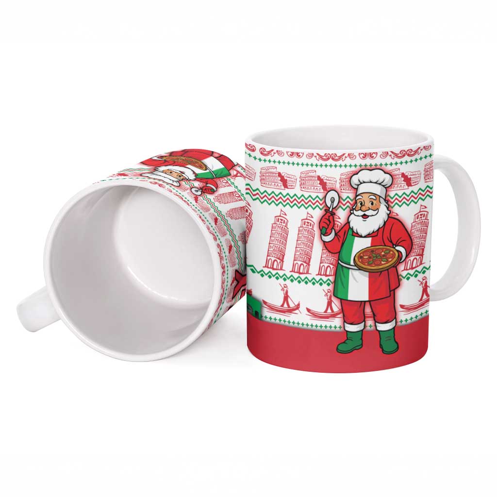 Italy Christmas Ceramic Mug with Pizza Chef Santa Leaning Tower Colosseum and Red Green Holiday Pattern Design - Wonder Print Shop