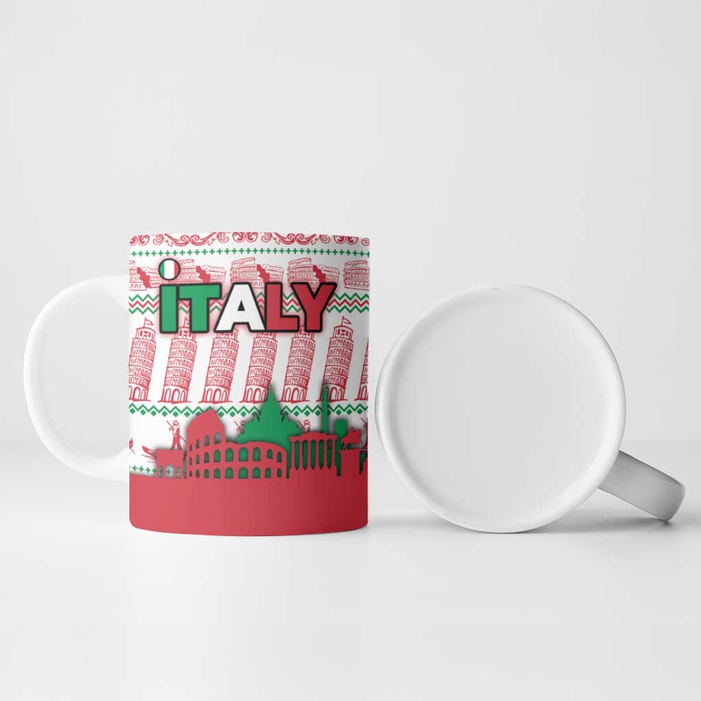 Italy Christmas Ceramic Mug with Pizza Chef Santa Leaning Tower Colosseum and Red Green Holiday Pattern Design - Wonder Print Shop