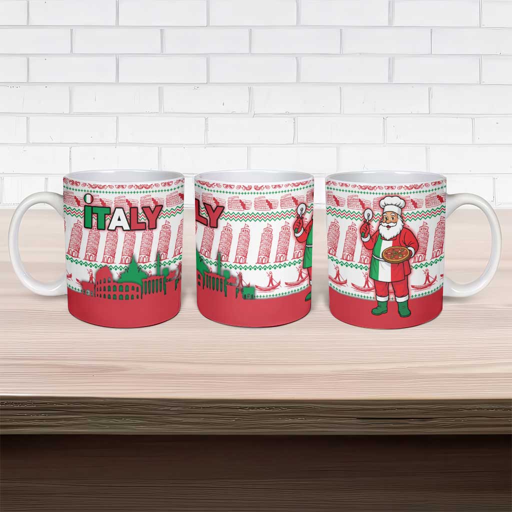 Italy Christmas Ceramic Mug with Pizza Chef Santa Leaning Tower Colosseum and Red Green Holiday Pattern Design - Wonder Print Shop