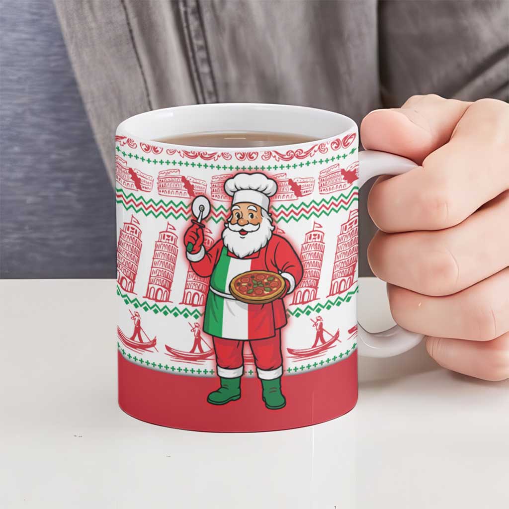 Italy Christmas Ceramic Mug with Pizza Chef Santa Leaning Tower Colosseum and Red Green Holiday Pattern Design - Wonder Print Shop