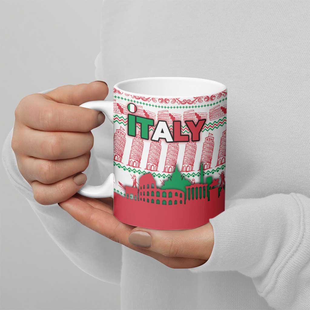 Italy Christmas Ceramic Mug with Pizza Chef Santa Leaning Tower Colosseum and Red Green Holiday Pattern Design - Wonder Print Shop
