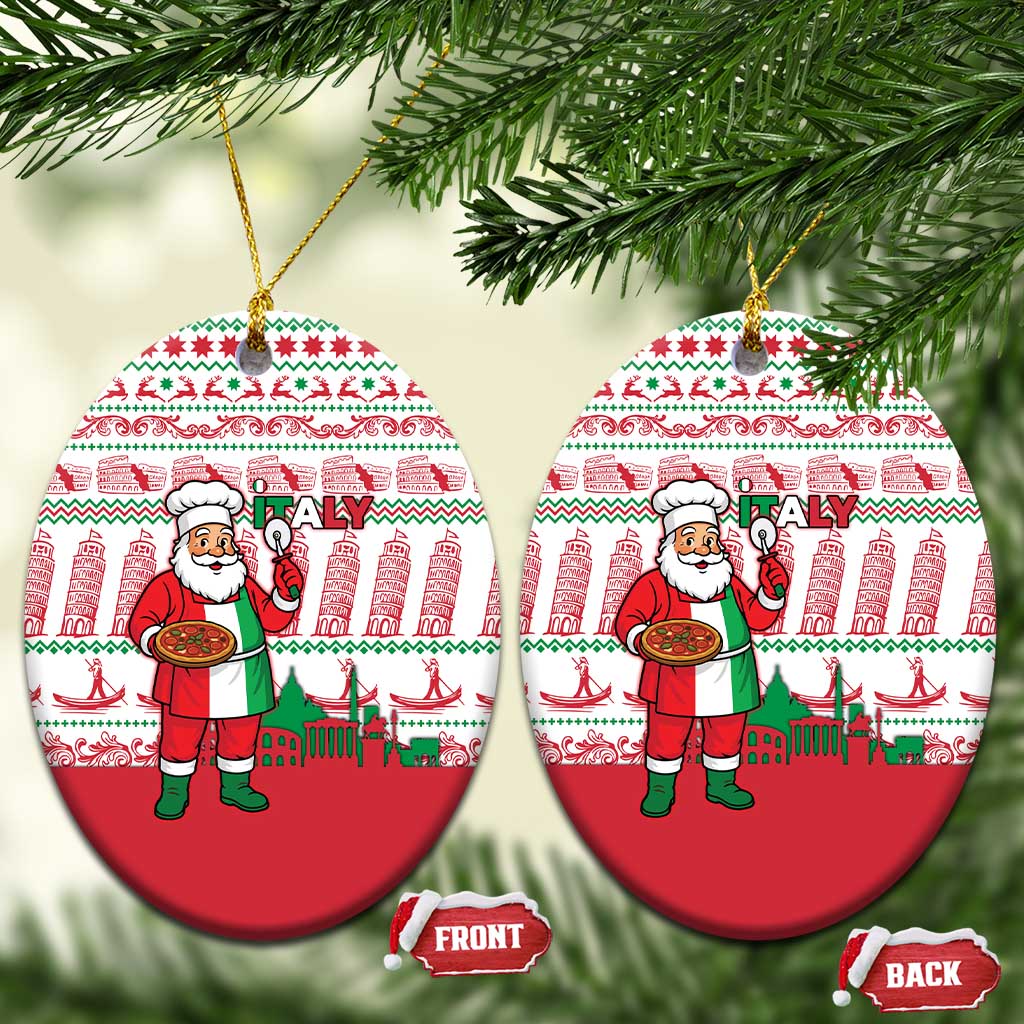Italy Christmas Ceramic Ornament with Pizza Chef Santa Leaning Tower Colosseum and Red Green Holiday Pattern Design - Wonder Print Shop