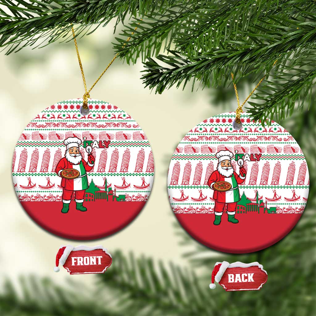 Italy Christmas Ceramic Ornament with Pizza Chef Santa Leaning Tower Colosseum and Red Green Holiday Pattern Design - Wonder Print Shop