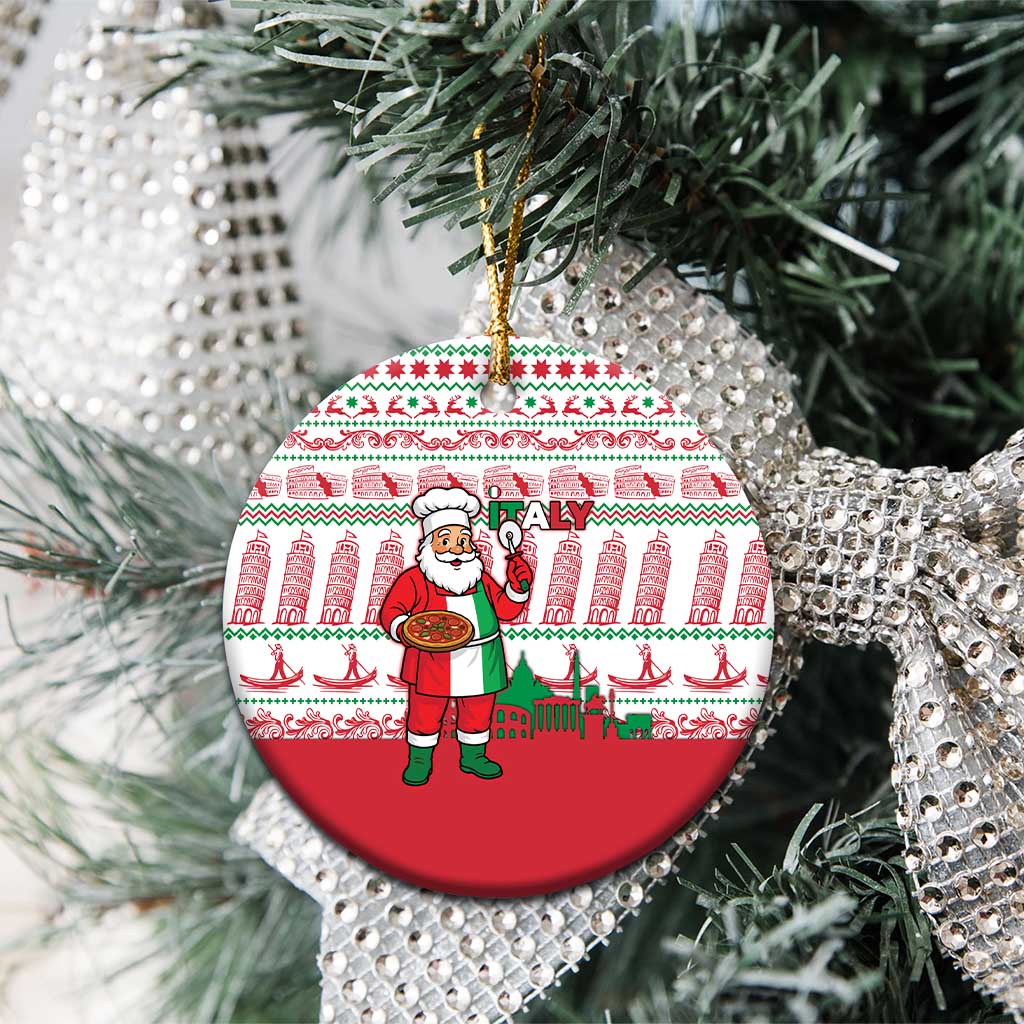 Italy Christmas Ceramic Ornament with Pizza Chef Santa Leaning Tower Colosseum and Red Green Holiday Pattern Design - Wonder Print Shop
