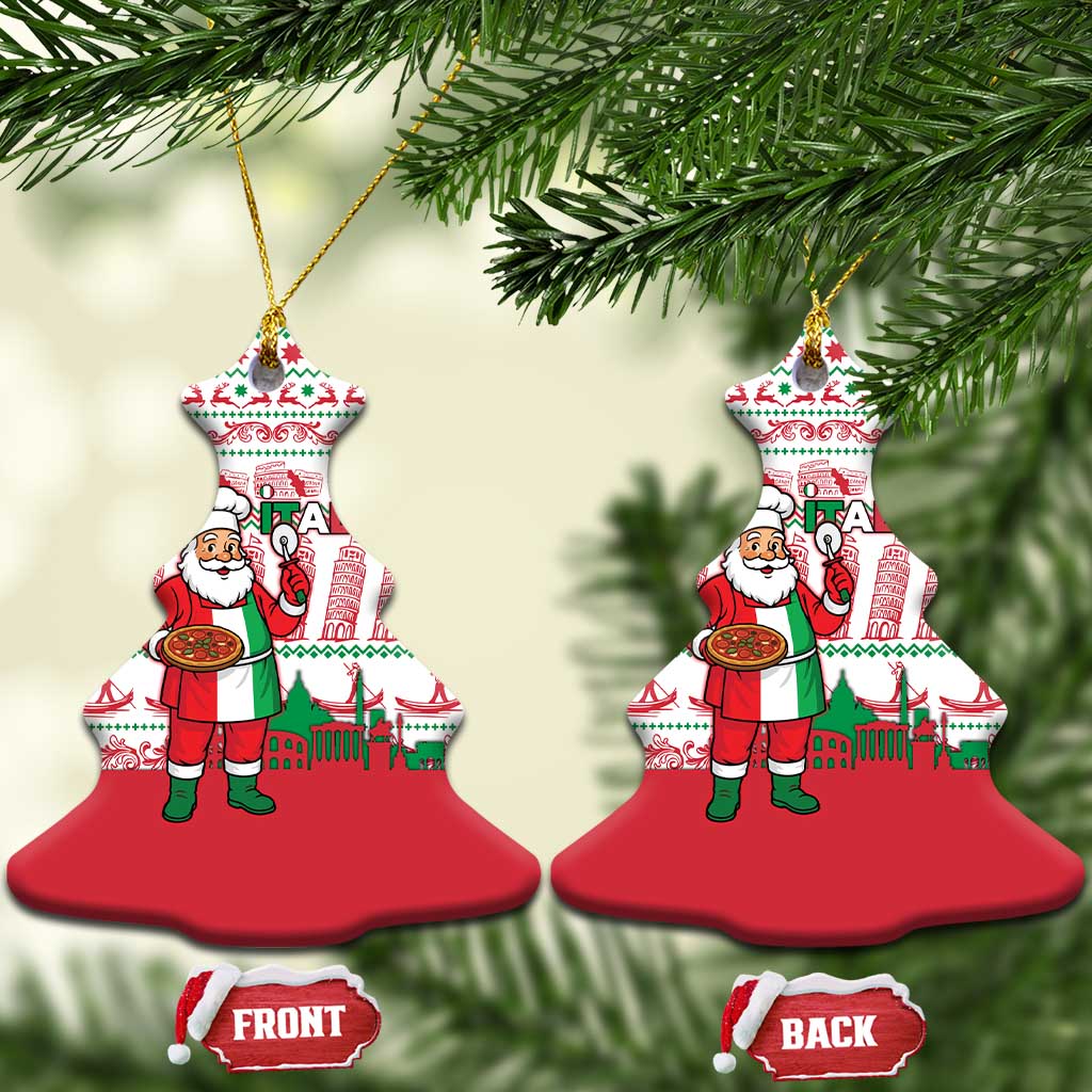Italy Christmas Ceramic Ornament with Pizza Chef Santa Leaning Tower Colosseum and Red Green Holiday Pattern Design - Wonder Print Shop