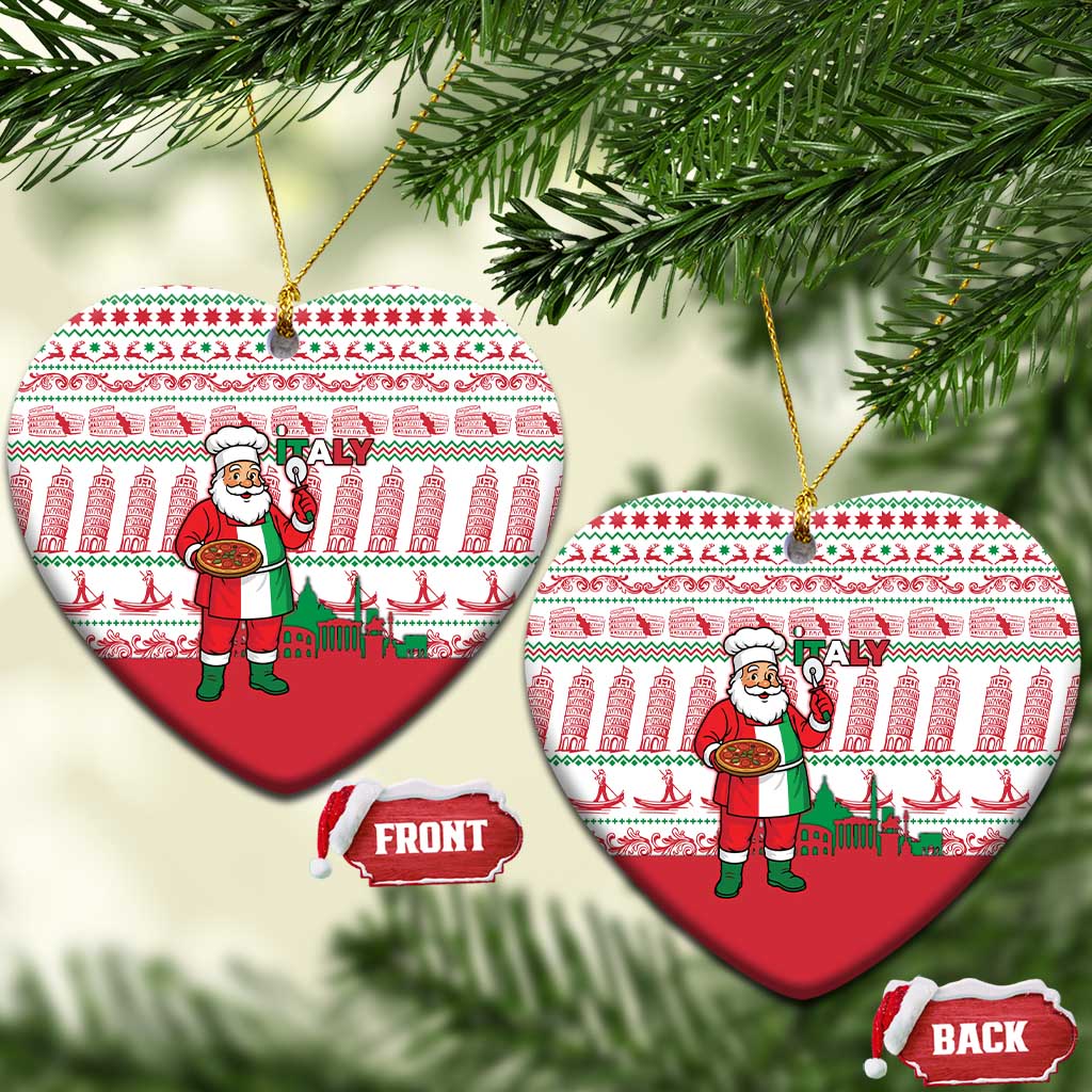 Italy Christmas Ceramic Ornament with Pizza Chef Santa Leaning Tower Colosseum and Red Green Holiday Pattern Design - Wonder Print Shop