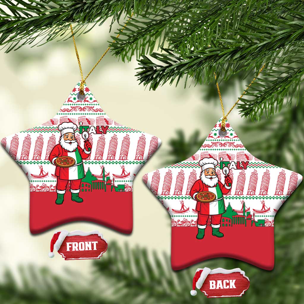 Italy Christmas Ceramic Ornament with Pizza Chef Santa Leaning Tower Colosseum and Red Green Holiday Pattern Design - Wonder Print Shop