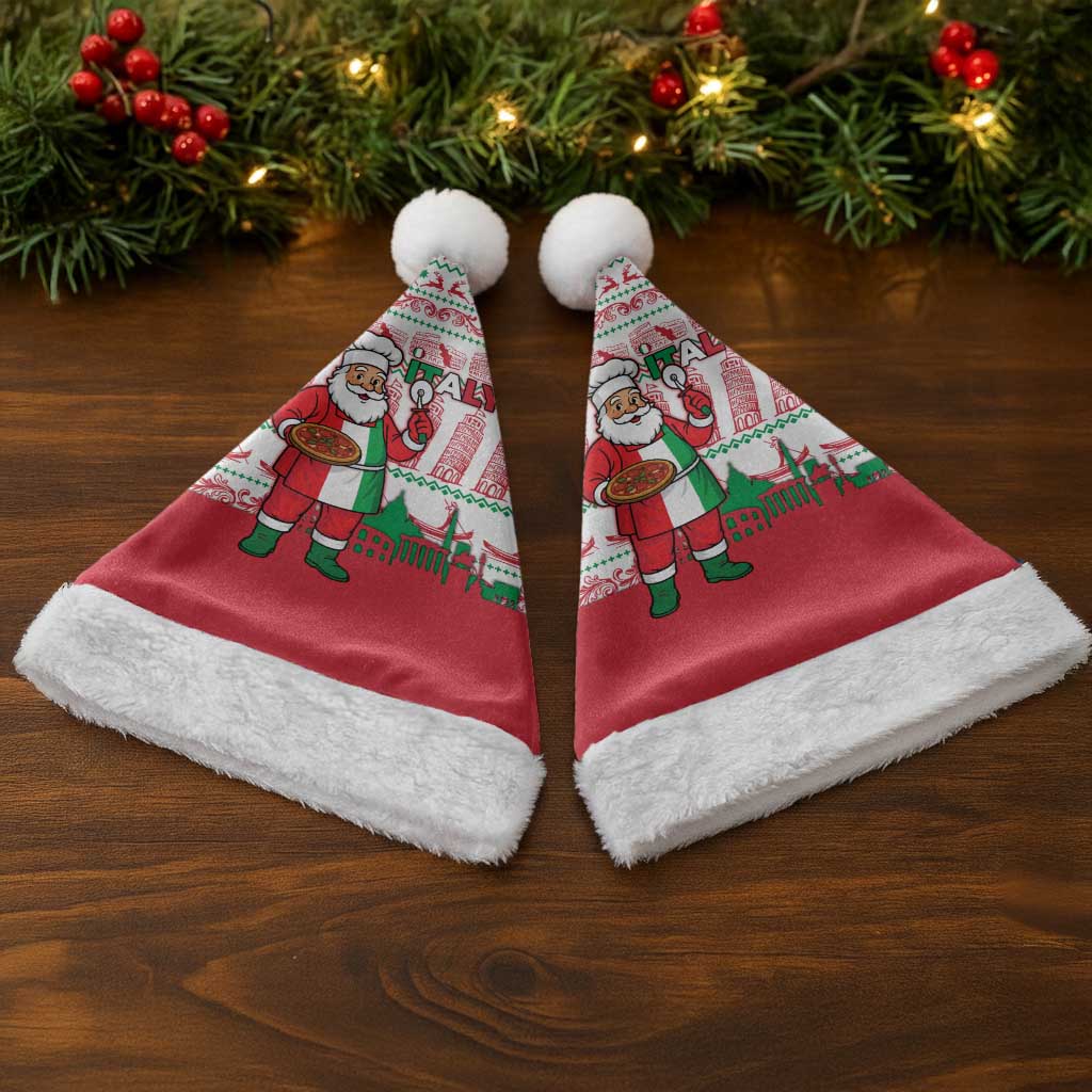 Italy Christmas Santa Hat with Pizza Chef Santa Leaning Tower Colosseum and Red Green Holiday Pattern Design - Wonder Print Shop