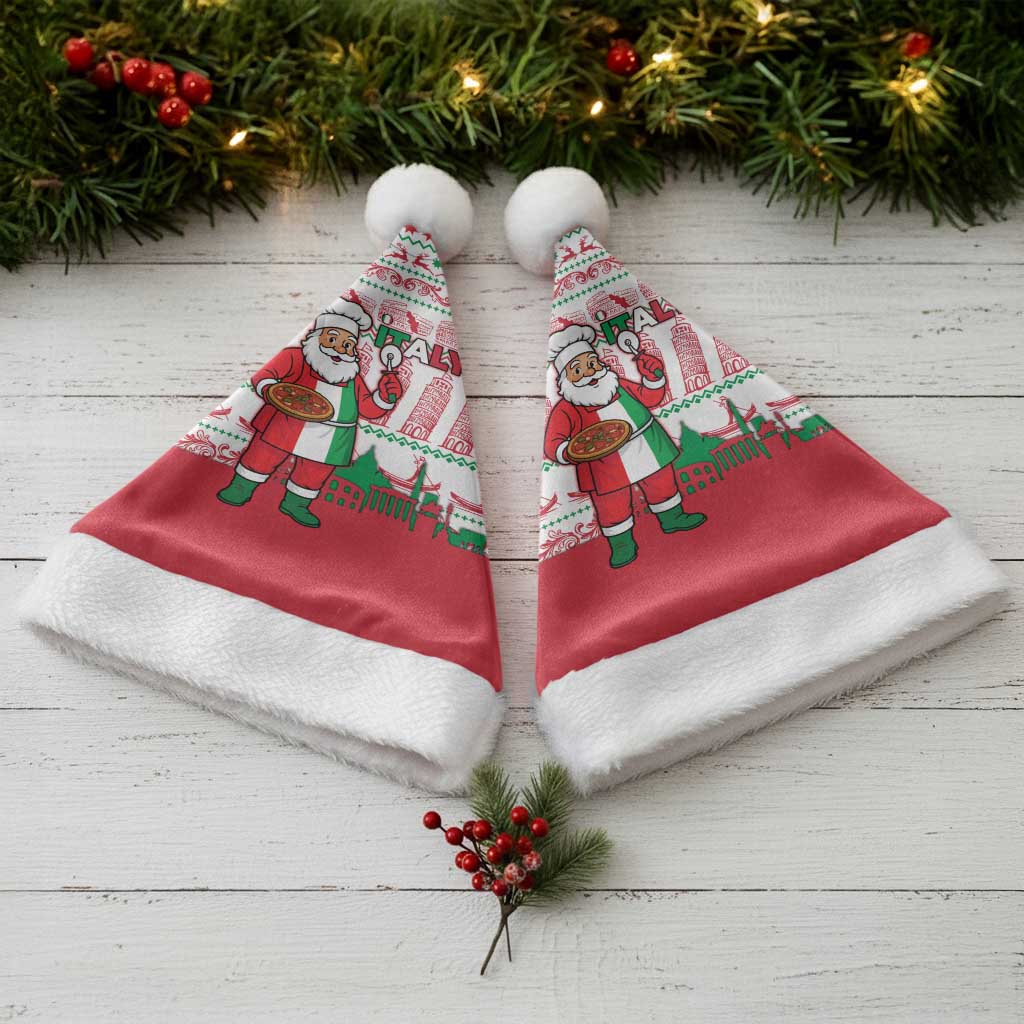 Italy Christmas Santa Hat with Pizza Chef Santa Leaning Tower Colosseum and Red Green Holiday Pattern Design - Wonder Print Shop