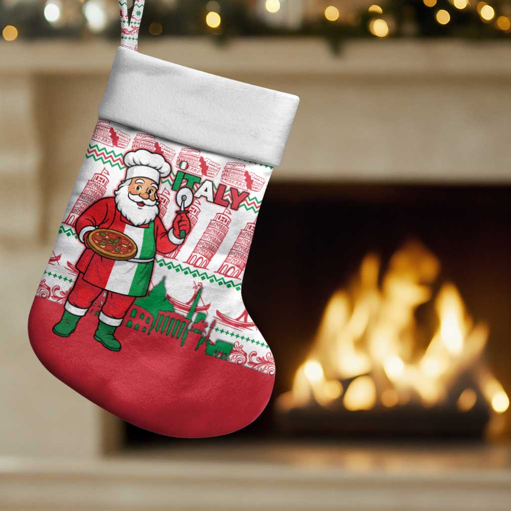 Italy Christmas Stocking with Pizza Chef Santa Leaning Tower Colosseum and Red Green Holiday Pattern Design - Wonder Print Shop