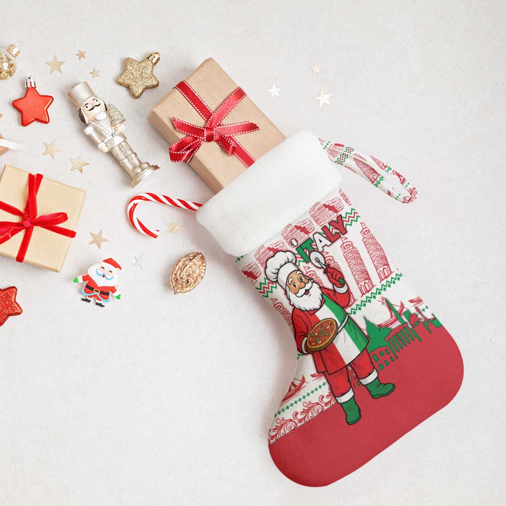 Italy Christmas Stocking with Pizza Chef Santa Leaning Tower Colosseum and Red Green Holiday Pattern Design - Wonder Print Shop