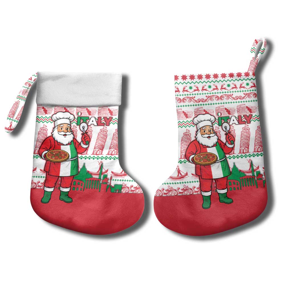 Italy Christmas Stocking with Pizza Chef Santa Leaning Tower Colosseum and Red Green Holiday Pattern Design - Wonder Print Shop