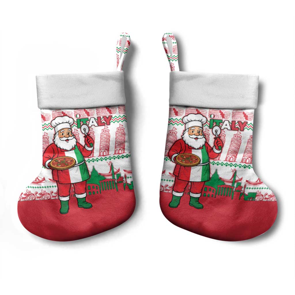 Italy Christmas Stocking with Pizza Chef Santa Leaning Tower Colosseum and Red Green Holiday Pattern Design - Wonder Print Shop
