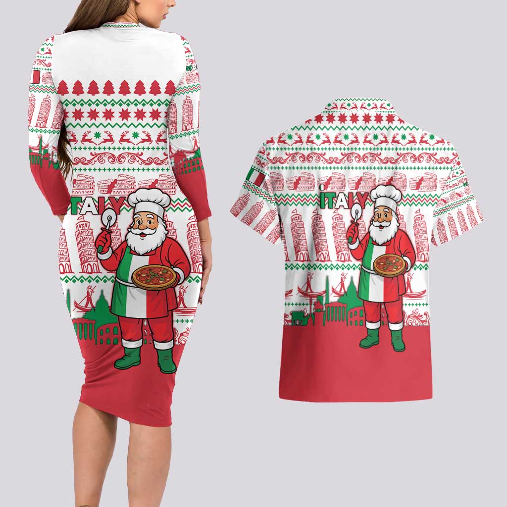 Italy Christmas Couples Matching Long Sleeve Bodycon Dress and Hawaiian Shirt with Pizza Chef Santa Leaning Tower Colosseum and Red Green Holiday Pattern Design - Wonder Print Shop