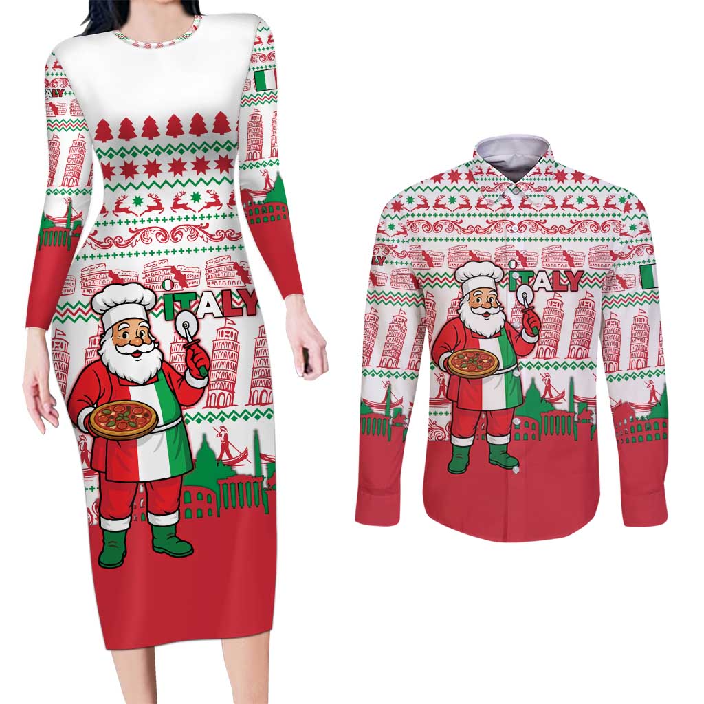 Italy Christmas Couples Matching Long Sleeve Bodycon Dress and Long Sleeve Button Shirt with Pizza Chef Santa Leaning Tower Colosseum and Red Green Holiday Pattern Design - Wonder Print Shop