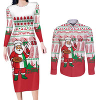 Italy Christmas Couples Matching Long Sleeve Bodycon Dress and Long Sleeve Button Shirt with Pizza Chef Santa Leaning Tower Colosseum and Red Green Holiday Pattern Design - Wonder Print Shop