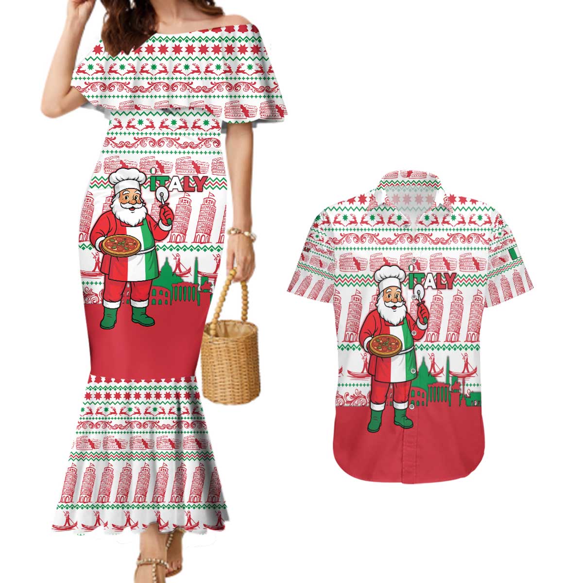 Italy Christmas Couples Matching Mermaid Dress and Hawaiian Shirt with Pizza Chef Santa Leaning Tower Colosseum and Red Green Holiday Pattern Design - Wonder Print Shop