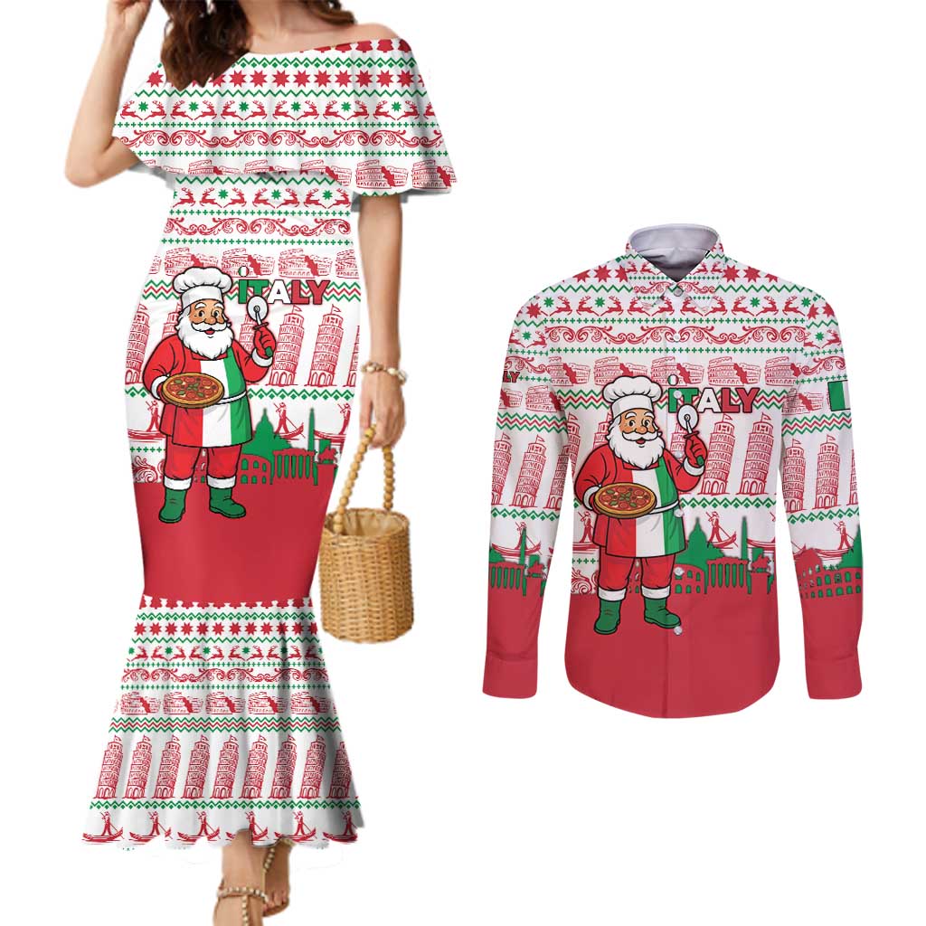 Italy Christmas Couples Matching Mermaid Dress and Long Sleeve Button Shirt with Pizza Chef Santa Leaning Tower Colosseum and Red Green Holiday Pattern Design - Wonder Print Shop