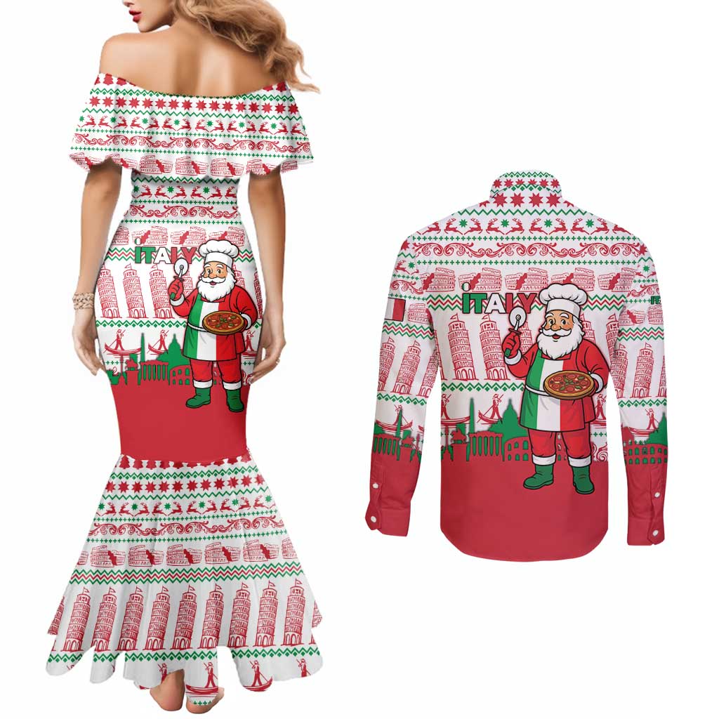 Italy Christmas Couples Matching Mermaid Dress and Long Sleeve Button Shirt with Pizza Chef Santa Leaning Tower Colosseum and Red Green Holiday Pattern Design - Wonder Print Shop
