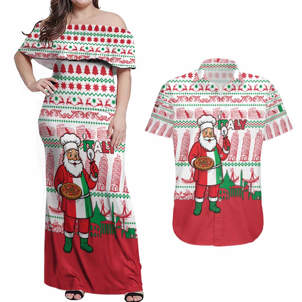Italy Christmas Couples Matching Off Shoulder Maxi Dress and Hawaiian Shirt with Pizza Chef Santa Leaning Tower Colosseum and Red Green Holiday Pattern Design - Wonder Print Shop