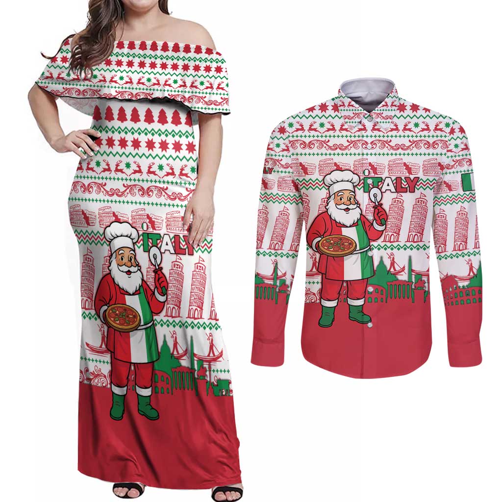 Italy Christmas Couples Matching Off Shoulder Maxi Dress and Long Sleeve Button Shirt with Pizza Chef Santa Leaning Tower Colosseum and Red Green Holiday Pattern Design - Wonder Print Shop