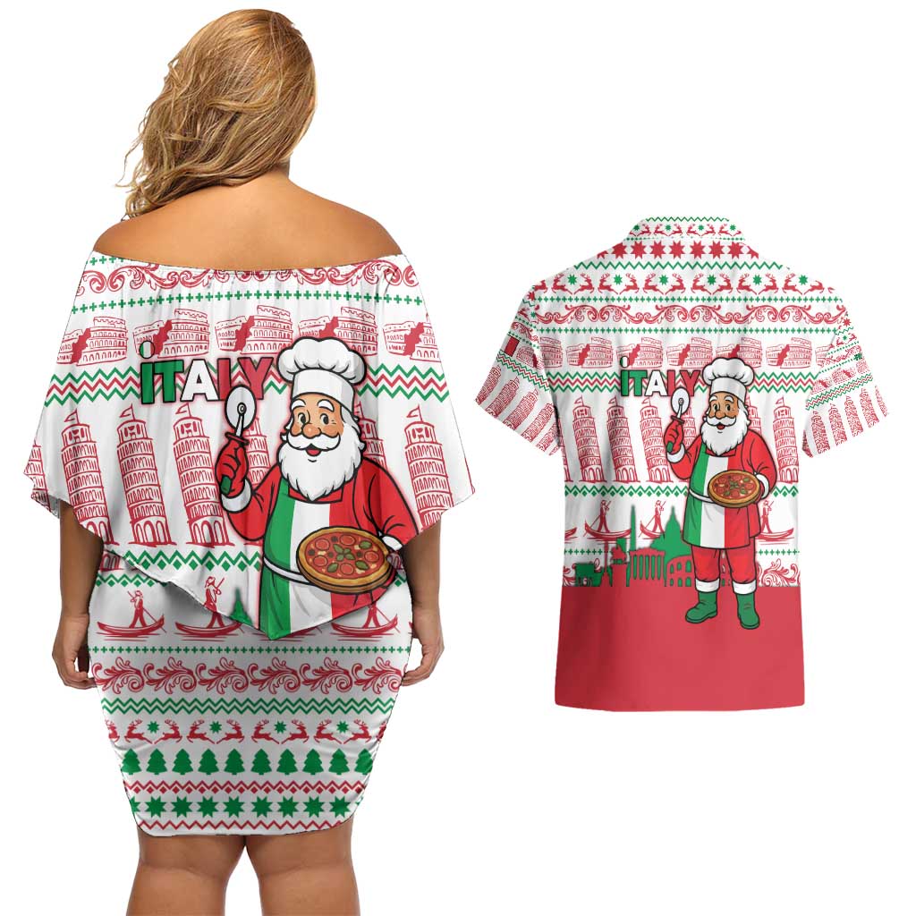 Italy Christmas Couples Matching Off Shoulder Short Dress and Hawaiian Shirt with Pizza Chef Santa Leaning Tower Colosseum and Red Green Holiday Pattern Design - Wonder Print Shop