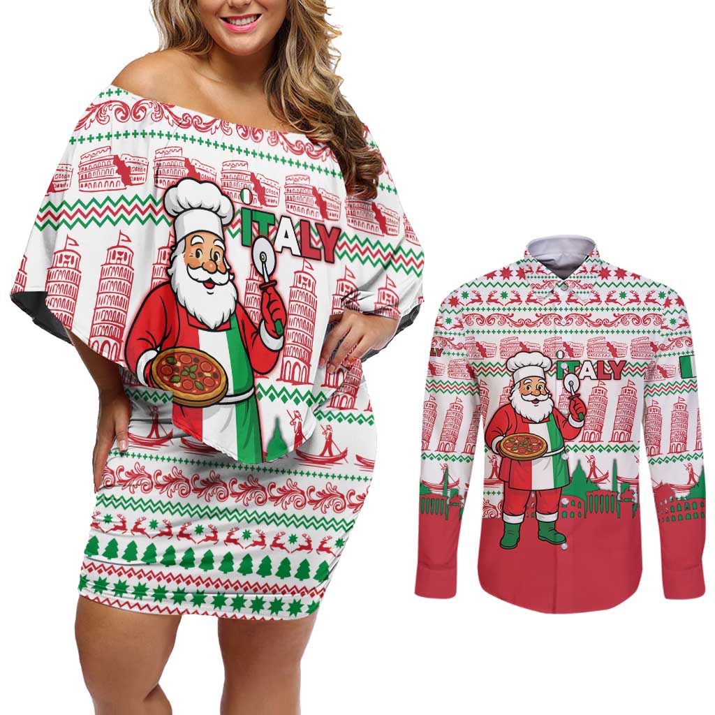 Italy Christmas Couples Matching Off Shoulder Short Dress and Long Sleeve Button Shirt with Pizza Chef Santa Leaning Tower Colosseum and Red Green Holiday Pattern Design - Wonder Print Shop