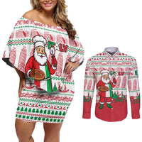 Italy Christmas Couples Matching Off Shoulder Short Dress and Long Sleeve Button Shirt with Pizza Chef Santa Leaning Tower Colosseum and Red Green Holiday Pattern Design - Wonder Print Shop