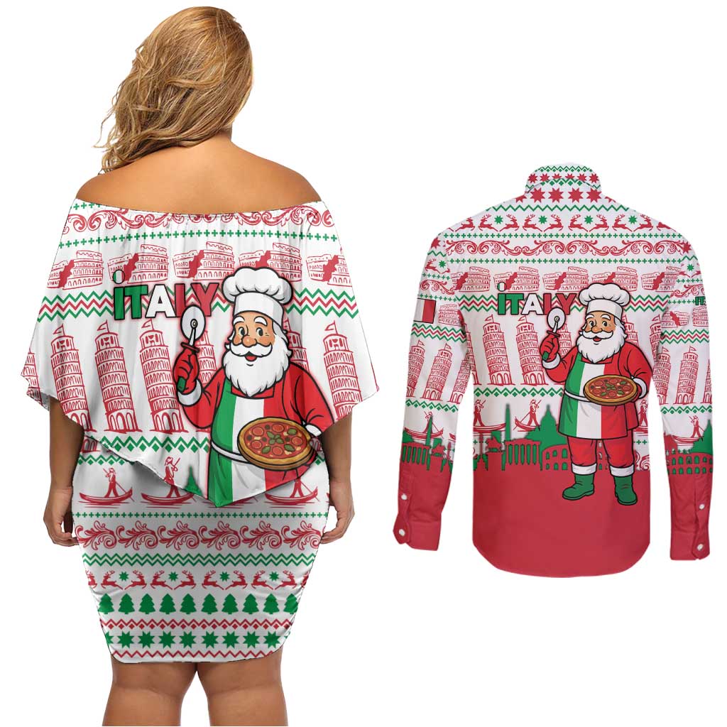 Italy Christmas Couples Matching Off Shoulder Short Dress and Long Sleeve Button Shirt with Pizza Chef Santa Leaning Tower Colosseum and Red Green Holiday Pattern Design - Wonder Print Shop