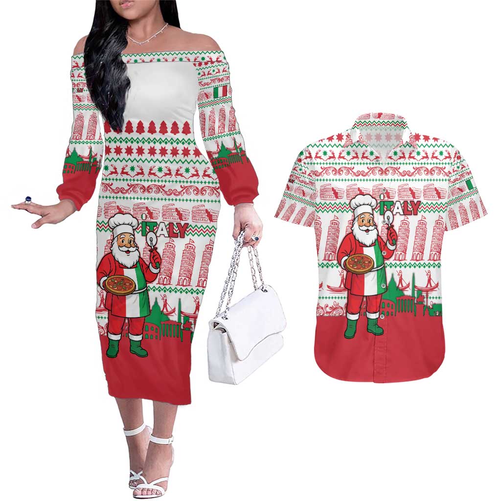 Italy Christmas Couples Matching Off The Shoulder Long Sleeve Dress and Hawaiian Shirt with Pizza Chef Santa Leaning Tower Colosseum and Red Green Holiday Pattern Design - Wonder Print Shop