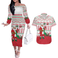 Italy Christmas Couples Matching Off The Shoulder Long Sleeve Dress and Hawaiian Shirt with Pizza Chef Santa Leaning Tower Colosseum and Red Green Holiday Pattern Design - Wonder Print Shop