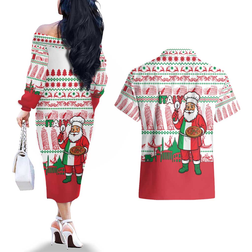 Italy Christmas Couples Matching Off The Shoulder Long Sleeve Dress and Hawaiian Shirt with Pizza Chef Santa Leaning Tower Colosseum and Red Green Holiday Pattern Design - Wonder Print Shop