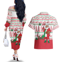 Italy Christmas Couples Matching Off The Shoulder Long Sleeve Dress and Hawaiian Shirt with Pizza Chef Santa Leaning Tower Colosseum and Red Green Holiday Pattern Design - Wonder Print Shop