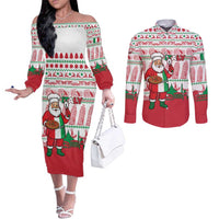 Italy Christmas Couples Matching Off The Shoulder Long Sleeve Dress and Long Sleeve Button Shirt with Pizza Chef Santa Leaning Tower Colosseum and Red Green Holiday Pattern Design - Wonder Print Shop