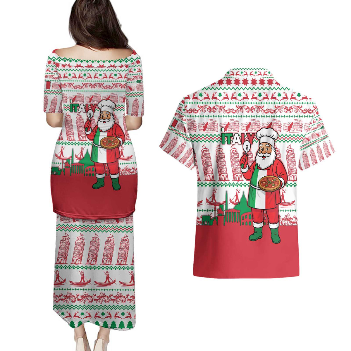 Italy Christmas Couples Matching Puletasi and Hawaiian Shirt with Pizza Chef Santa Leaning Tower Colosseum and Red Green Holiday Pattern Design - Wonder Print Shop