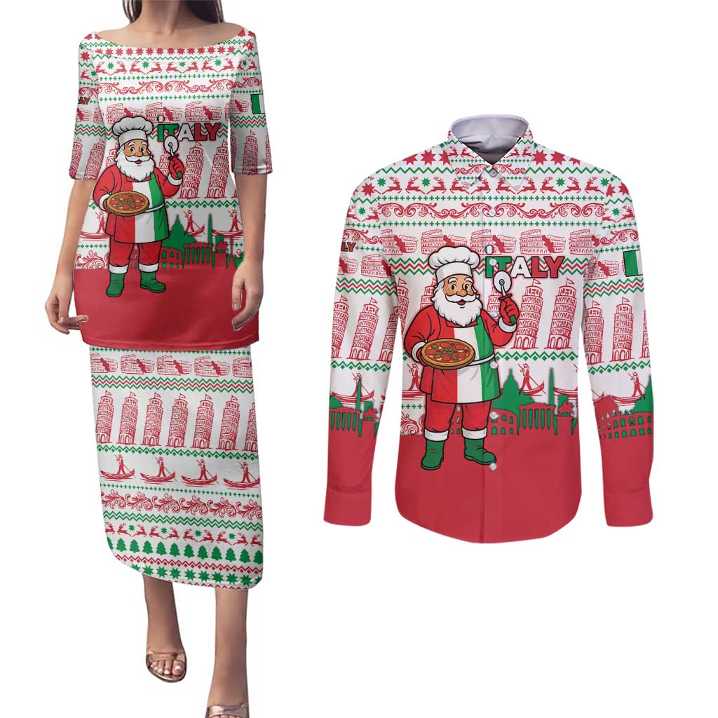 Italy Christmas Couples Matching Puletasi and Long Sleeve Button Shirt with Pizza Chef Santa Leaning Tower Colosseum and Red Green Holiday Pattern Design - Wonder Print Shop