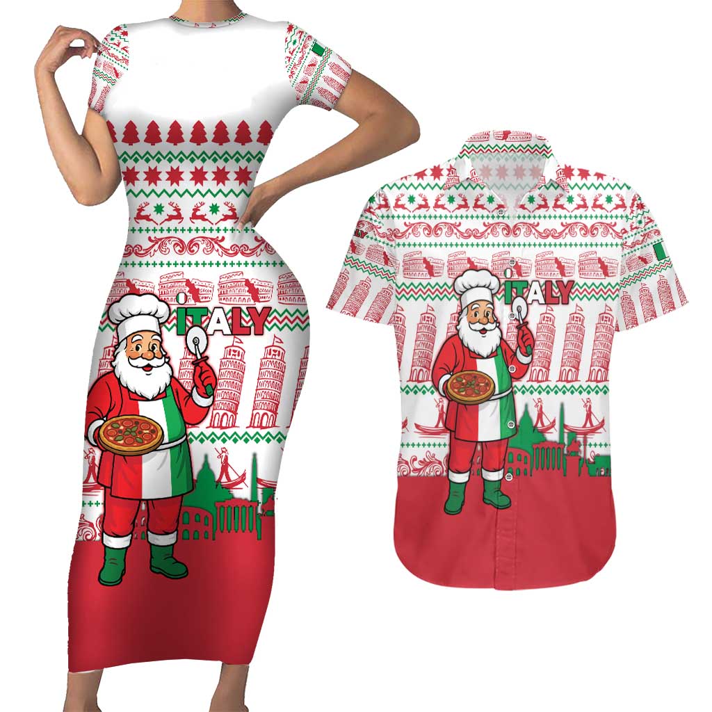 Italy Christmas Couples Matching Short Sleeve Bodycon Dress and Hawaiian Shirt with Pizza Chef Santa Leaning Tower Colosseum and Red Green Holiday Pattern Design - Wonder Print Shop