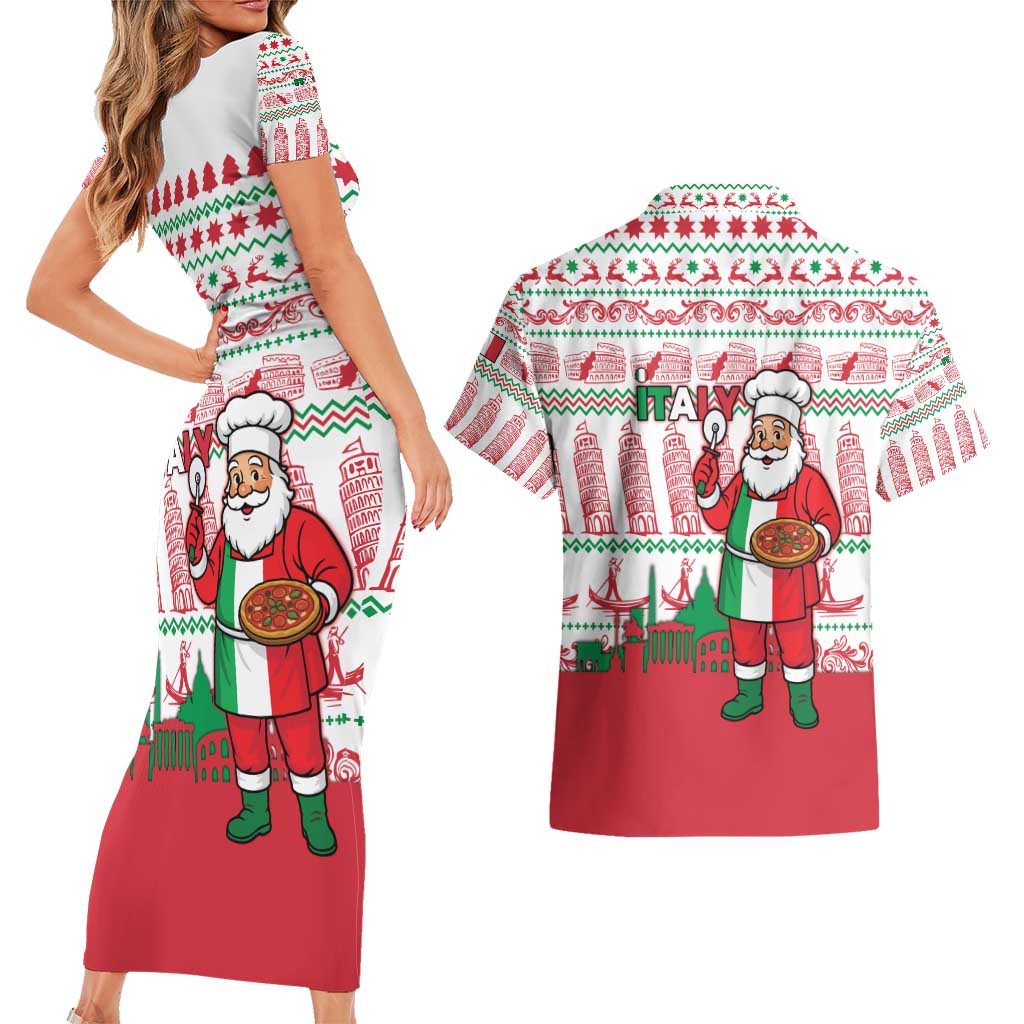 Italy Christmas Couples Matching Short Sleeve Bodycon Dress and Hawaiian Shirt with Pizza Chef Santa Leaning Tower Colosseum and Red Green Holiday Pattern Design - Wonder Print Shop