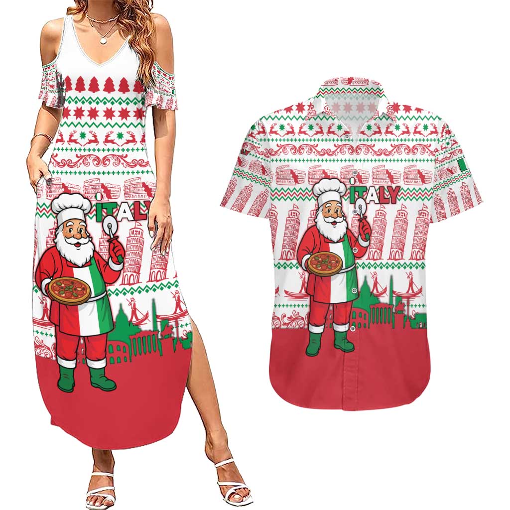 Italy Christmas Couples Matching Summer Maxi Dress and Hawaiian Shirt with Pizza Chef Santa Leaning Tower Colosseum and Red Green Holiday Pattern Design - Wonder Print Shop