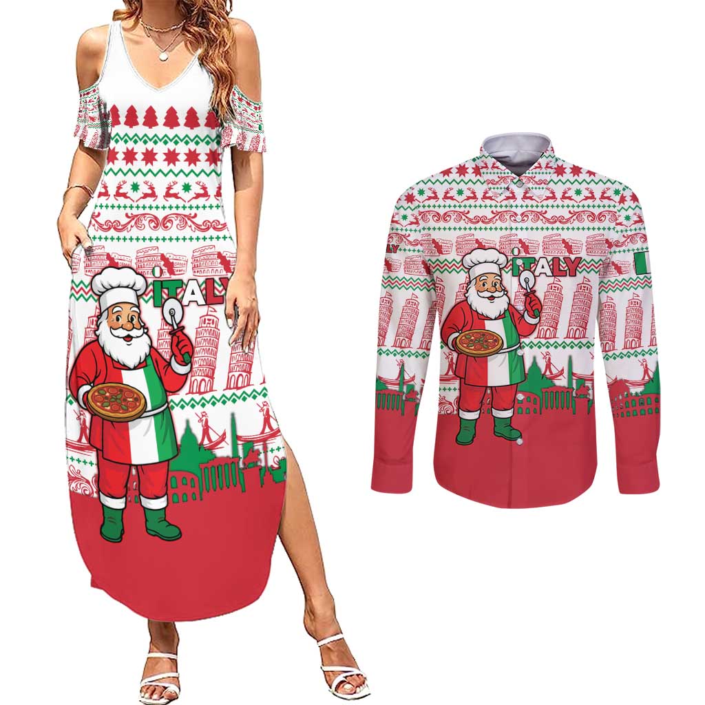Italy Christmas Couples Matching Summer Maxi Dress and Long Sleeve Button Shirt with Pizza Chef Santa Leaning Tower Colosseum and Red Green Holiday Pattern Design - Wonder Print Shop