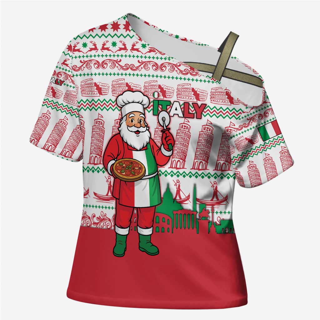 Italy Christmas Cross Shoulder Shirt with Pizza Chef Santa Leaning Tower Colosseum and Red Green Holiday Pattern Design - Wonder Print Shop