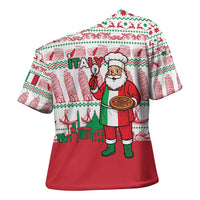 Italy Christmas Cross Shoulder Shirt with Pizza Chef Santa Leaning Tower Colosseum and Red Green Holiday Pattern Design - Wonder Print Shop