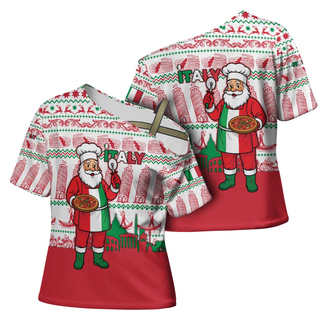 Italy Christmas Cross Shoulder Shirt with Pizza Chef Santa Leaning Tower Colosseum and Red Green Holiday Pattern Design - Wonder Print Shop