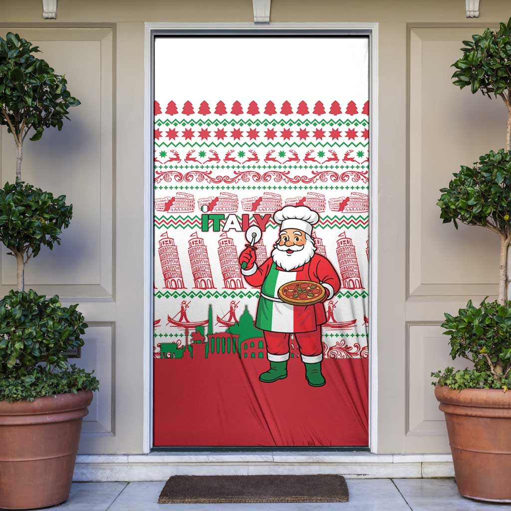 Italy Christmas Door Cover with Pizza Chef Santa Leaning Tower Colosseum and Red Green Holiday Pattern Design - Wonder Print Shop